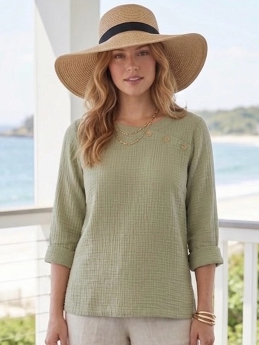 Coastal Grandma  Olive Green Waffle Button Clean Linen Top